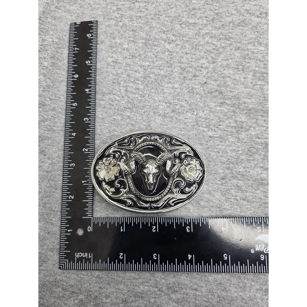 Vintage Bighorn Ram Skull Black Enamel 3D Belt Buckle Hunting Western Wildlife